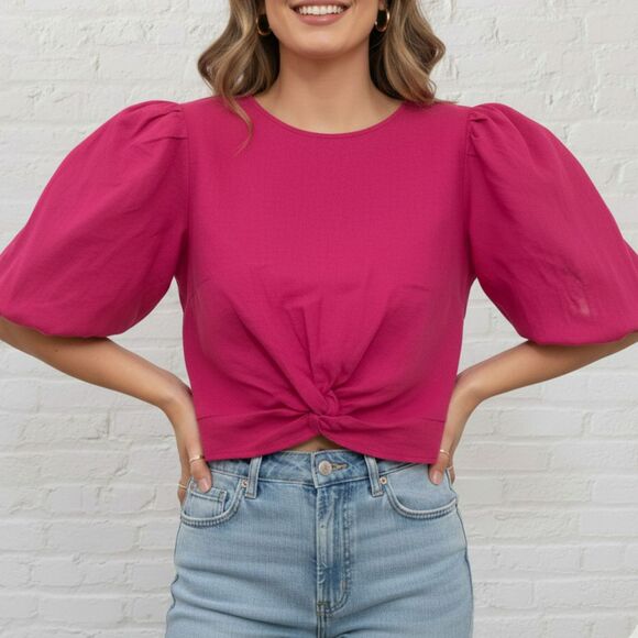 Marc New York Top Size M Puff Sleeve Linen Viscose Twist Front Hot Pink Fuchsia - Picture 1 of 16